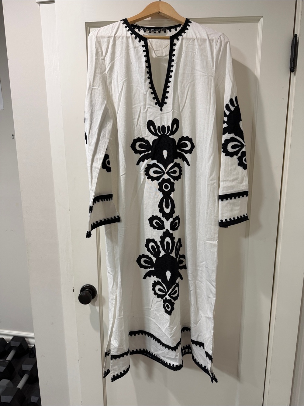 Zara White Maxi Dress with Black Embroidered Motifs